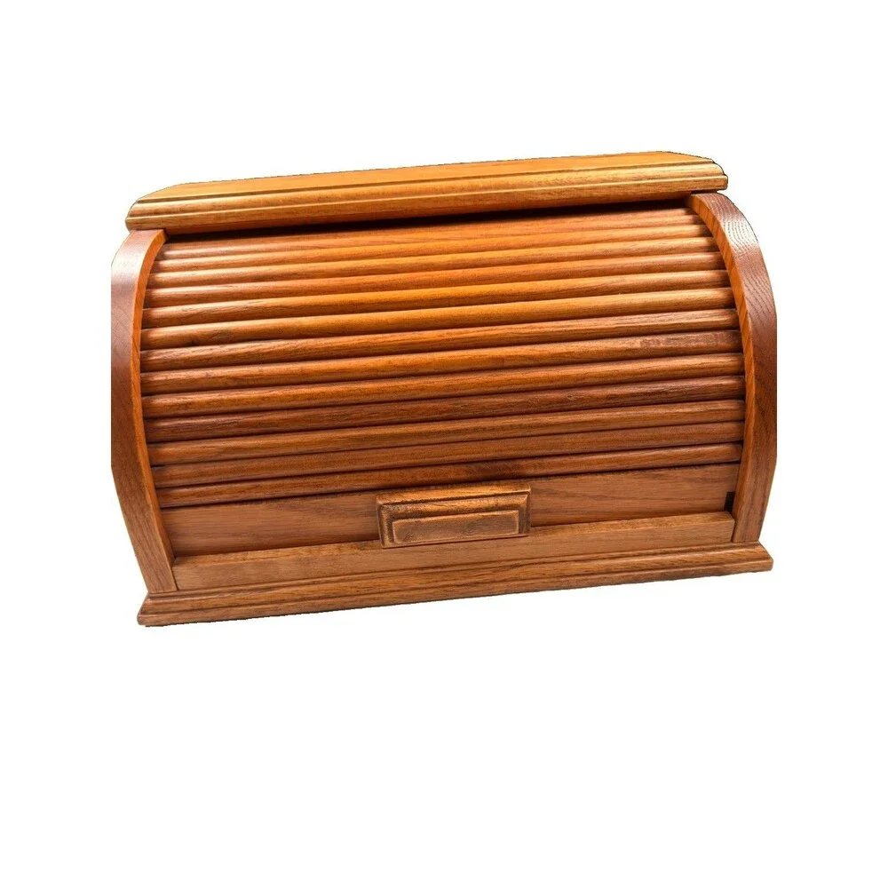 Vintage Solid Oak Roll Top Bread Box Tambour Door Farmhouse Kitchen Storage